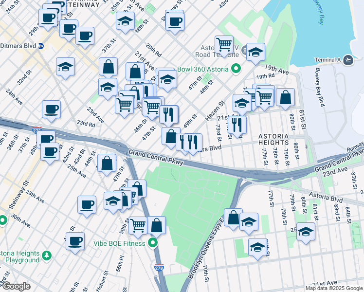 map of restaurants, bars, coffee shops, grocery stores, and more near Ditmars Blvd & Hazen St in Queens