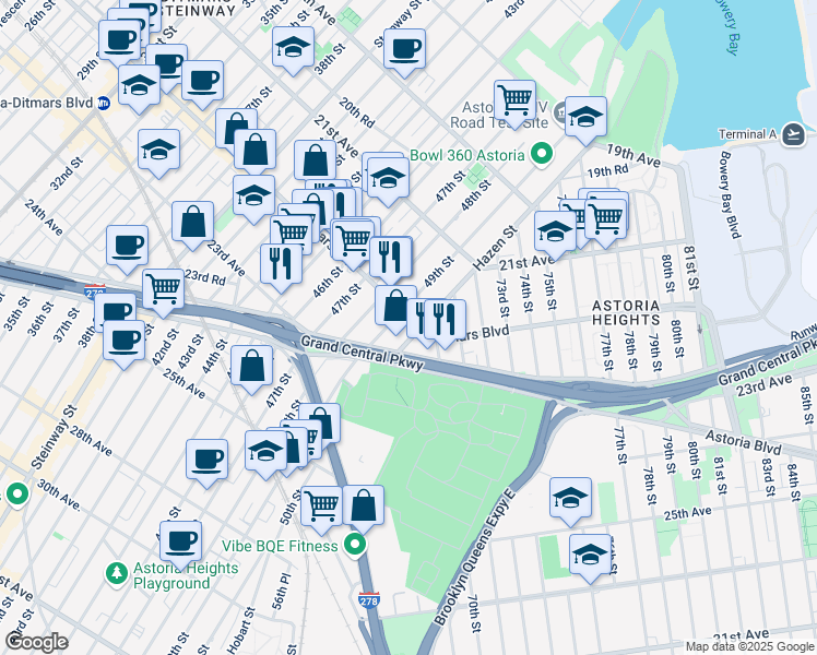 map of restaurants, bars, coffee shops, grocery stores, and more near 22-09 49th Street in Queens