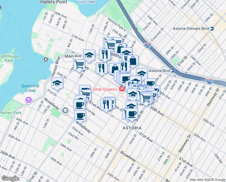 map of restaurants, bars, coffee shops, grocery stores, and more near 23-19 30th Avenue in Queens