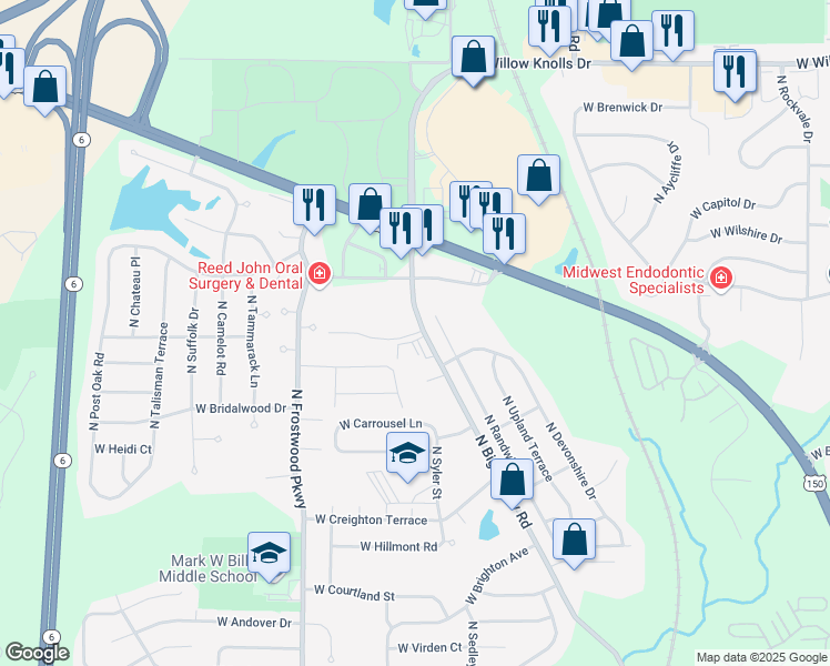 map of restaurants, bars, coffee shops, grocery stores, and more near 4024 West Hollow Creek Drive in Peoria