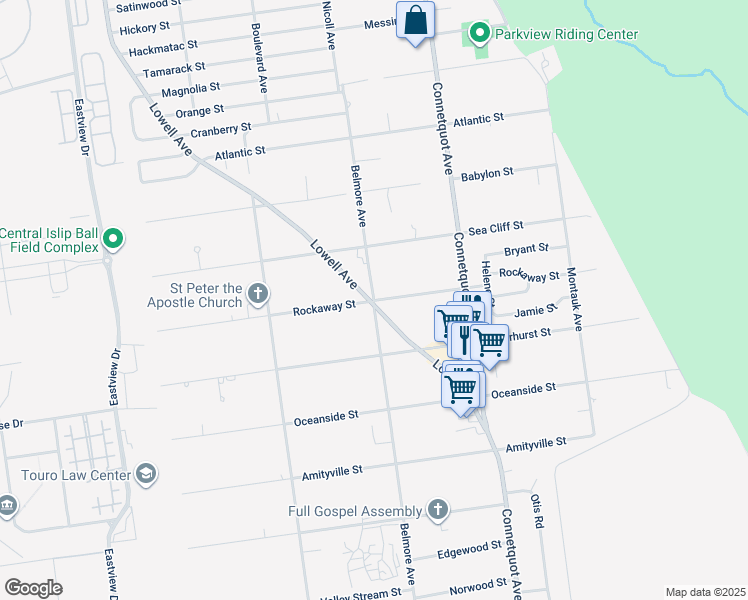 map of restaurants, bars, coffee shops, grocery stores, and more near 201 Rockaway Street in Islip Terrace