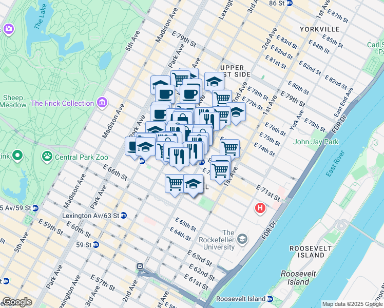 map of restaurants, bars, coffee shops, grocery stores, and more near 228 East 71st Street in New York
