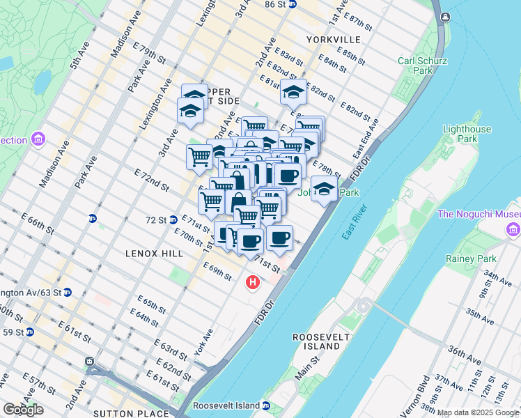 map of restaurants, bars, coffee shops, grocery stores, and more near 488 East 74th Street in New York