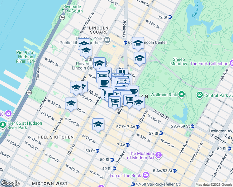 map of restaurants, bars, coffee shops, grocery stores, and more near 25 Columbus Circle in New York