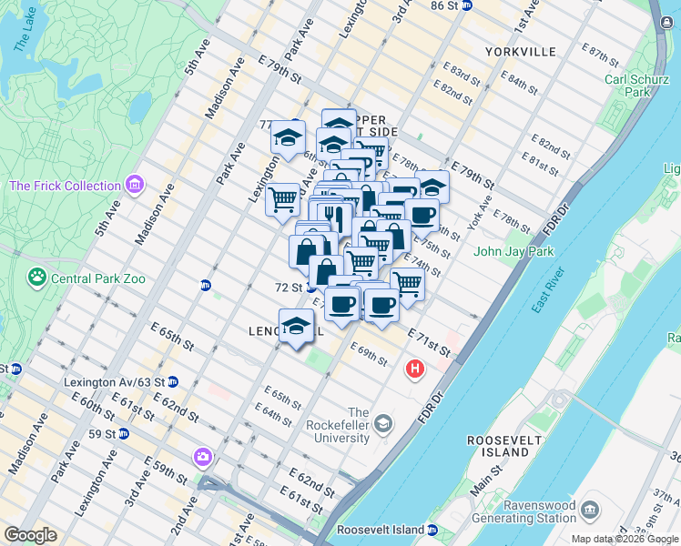 map of restaurants, bars, coffee shops, grocery stores, and more near 320 East 72nd Street in New York
