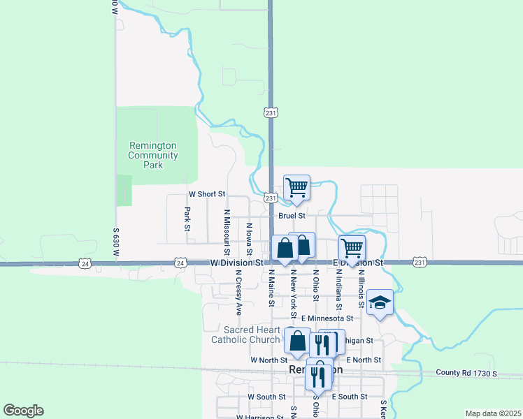 map of restaurants, bars, coffee shops, grocery stores, and more near 706 North Maine Street in Remington