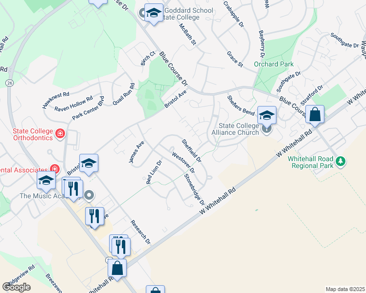 map of restaurants, bars, coffee shops, grocery stores, and more near 3070 Sheffield Drive in State College