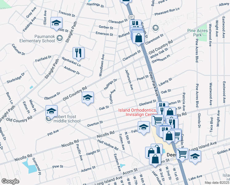 map of restaurants, bars, coffee shops, grocery stores, and more near 127 Totten Avenue in Deer Park