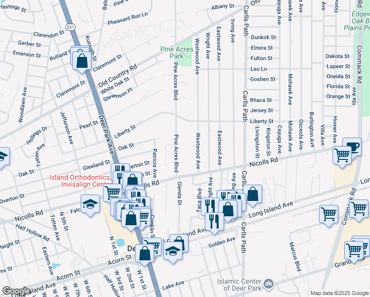 map of restaurants, bars, coffee shops, grocery stores, and more near 45 Pine Acres Boulevard in Deer Park