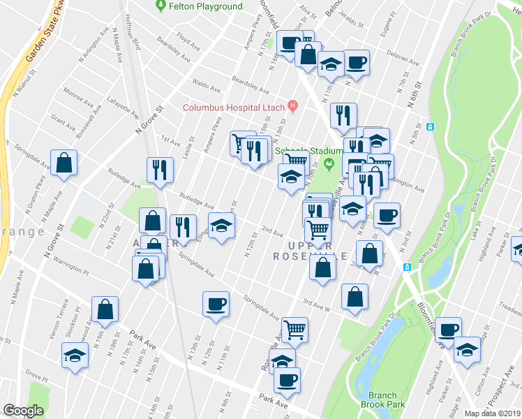 map of restaurants, bars, coffee shops, grocery stores, and more near 340 North 12th Street in Newark