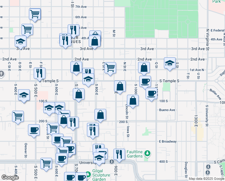 map of restaurants, bars, coffee shops, grocery stores, and more near 40 South 900 East in Salt Lake City