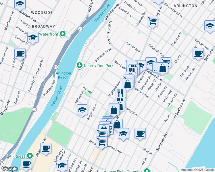 map of restaurants, bars, coffee shops, grocery stores, and more near 30 Pavonia Avenue in Kearny