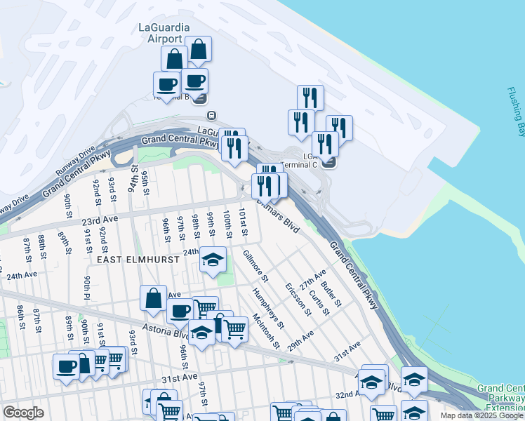 map of restaurants, bars, coffee shops, grocery stores, and more near 102-10 Ditmars Boulevard in Queens