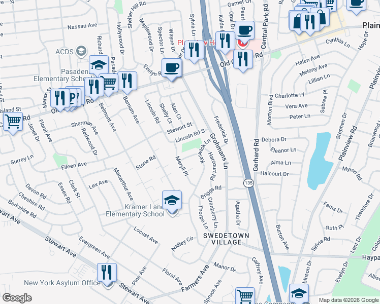 map of restaurants, bars, coffee shops, grocery stores, and more near 4 Argyle Road in Plainview