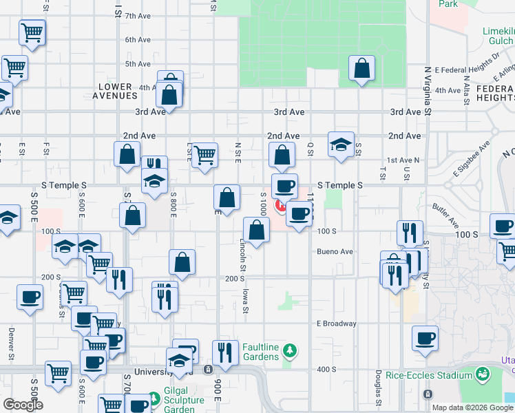 map of restaurants, bars, coffee shops, grocery stores, and more near 24 South 1000 East in Salt Lake City