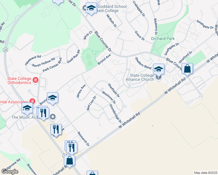 map of restaurants, bars, coffee shops, grocery stores, and more near 3070 Sheffield Drive in State College