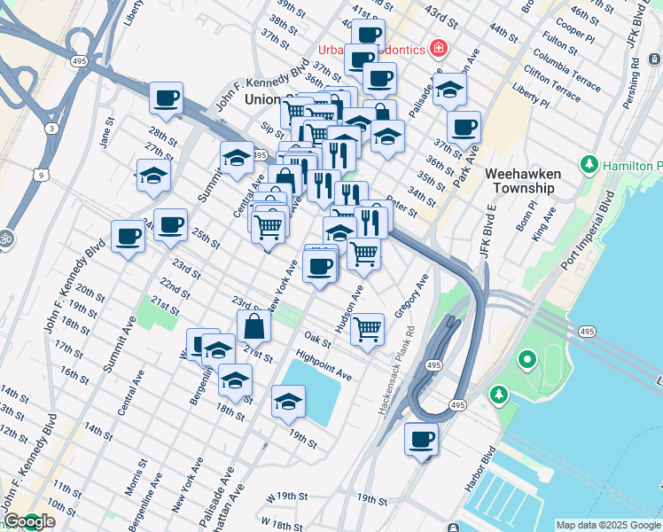 map of restaurants, bars, coffee shops, grocery stores, and more near in Weehawken