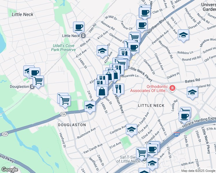 map of restaurants, bars, coffee shops, grocery stores, and more near 43-29 249th Street in Queens