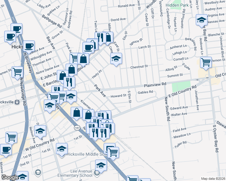 map of restaurants, bars, coffee shops, grocery stores, and more near 187 Plainview Road in Hicksville