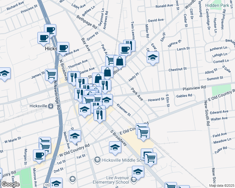 map of restaurants, bars, coffee shops, grocery stores, and more near 92 East Marie Street in Hicksville