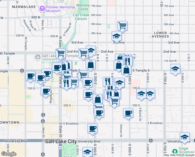 map of restaurants, bars, coffee shops, grocery stores, and more near 25 South 300 East in Salt Lake City