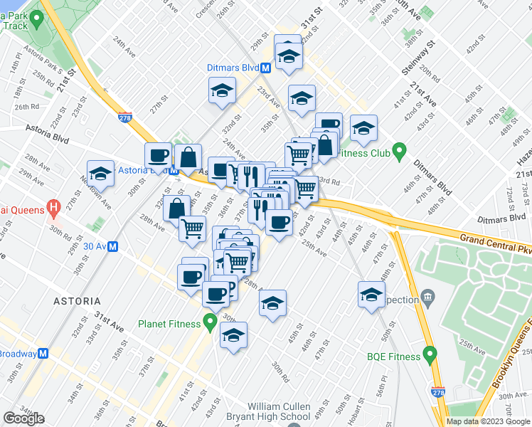 map of restaurants, bars, coffee shops, grocery stores, and more near 24-39 38th Street in Queens