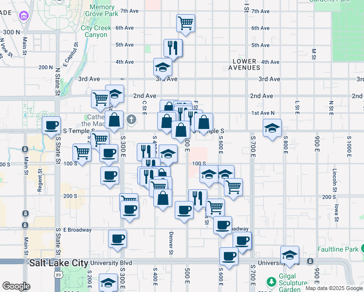 map of restaurants, bars, coffee shops, grocery stores, and more near 34 500 East in Salt Lake City