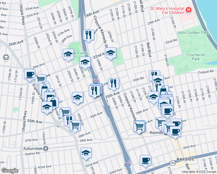 map of restaurants, bars, coffee shops, grocery stores, and more near 208-02 34th Avenue in Queens