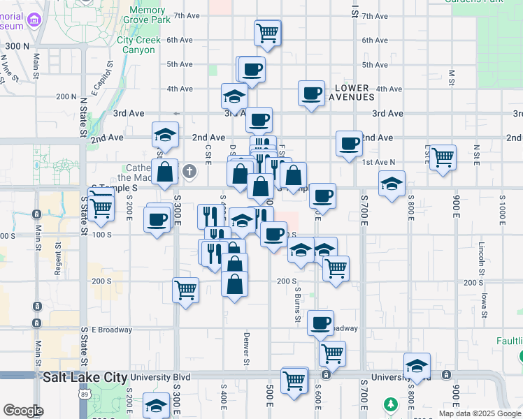 map of restaurants, bars, coffee shops, grocery stores, and more near 34 500 East in Salt Lake City