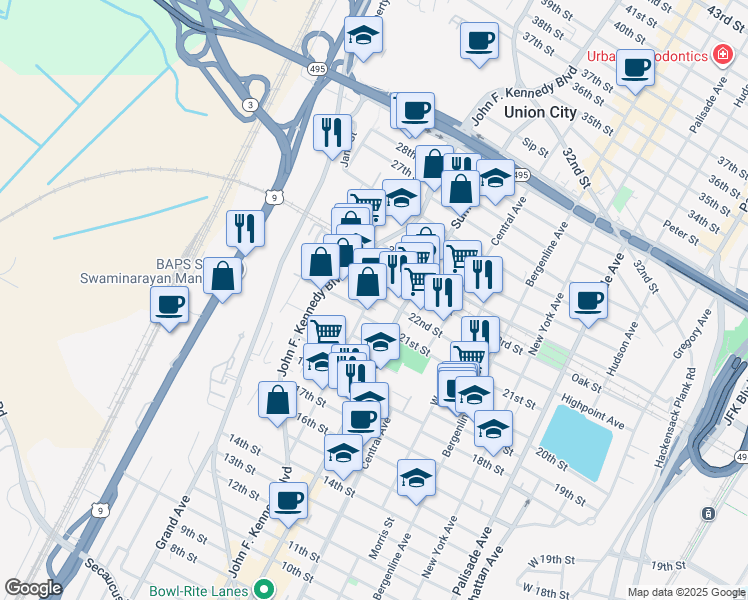 map of restaurants, bars, coffee shops, grocery stores, and more near 825 22nd Street in Union City