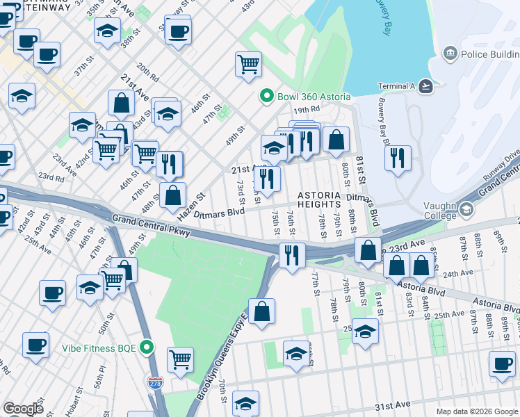 map of restaurants, bars, coffee shops, grocery stores, and more near 74-19 Ditmars Boulevard in Queens