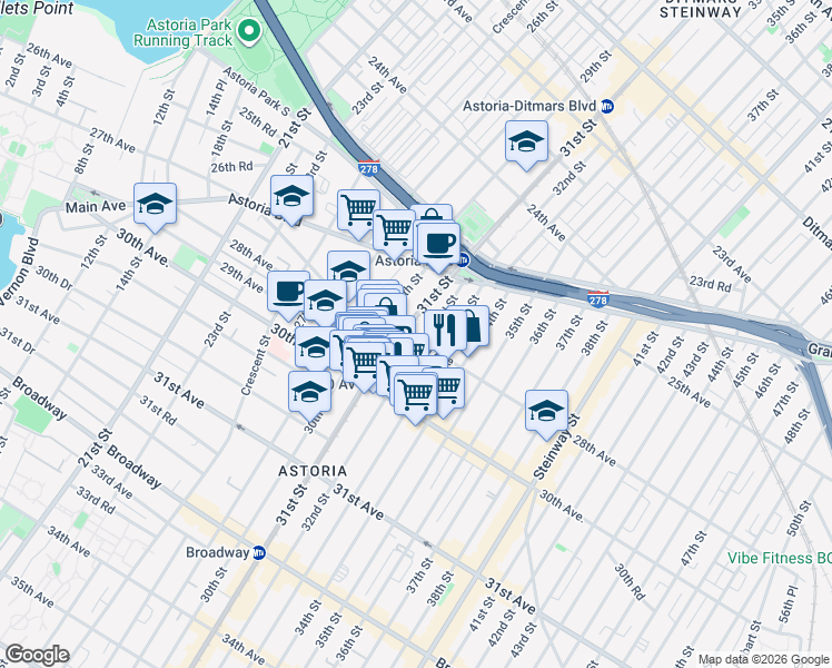 map of restaurants, bars, coffee shops, grocery stores, and more near 30-15 Newtown Avenue in Queens