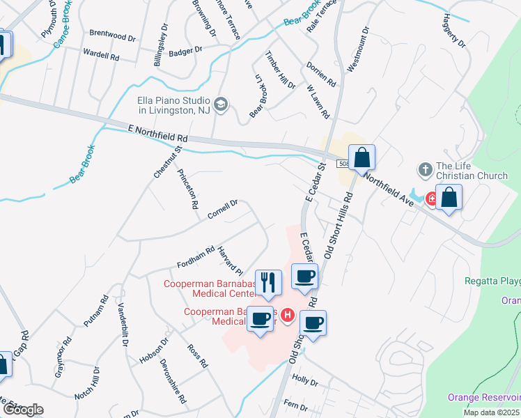map of restaurants, bars, coffee shops, grocery stores, and more near 47 Cornell Drive in Livingston