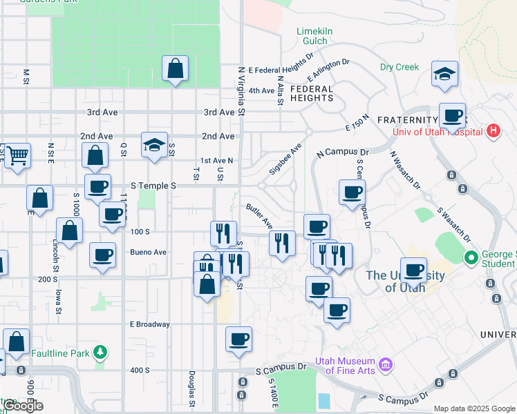 map of restaurants, bars, coffee shops, grocery stores, and more near 1377 Butler Avenue in Salt Lake City