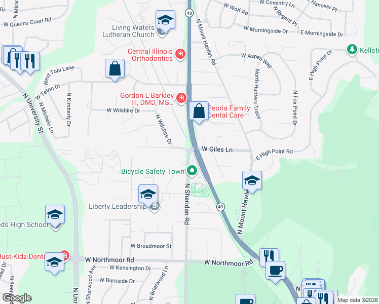 map of restaurants, bars, coffee shops, grocery stores, and more near 708 West Giles Lane in Peoria