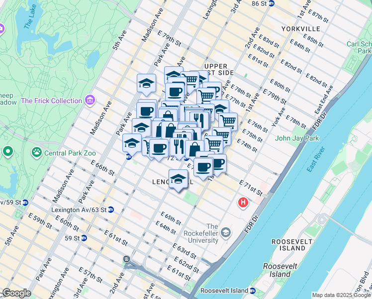 map of restaurants, bars, coffee shops, grocery stores, and more near 261 East 71st Street in New York