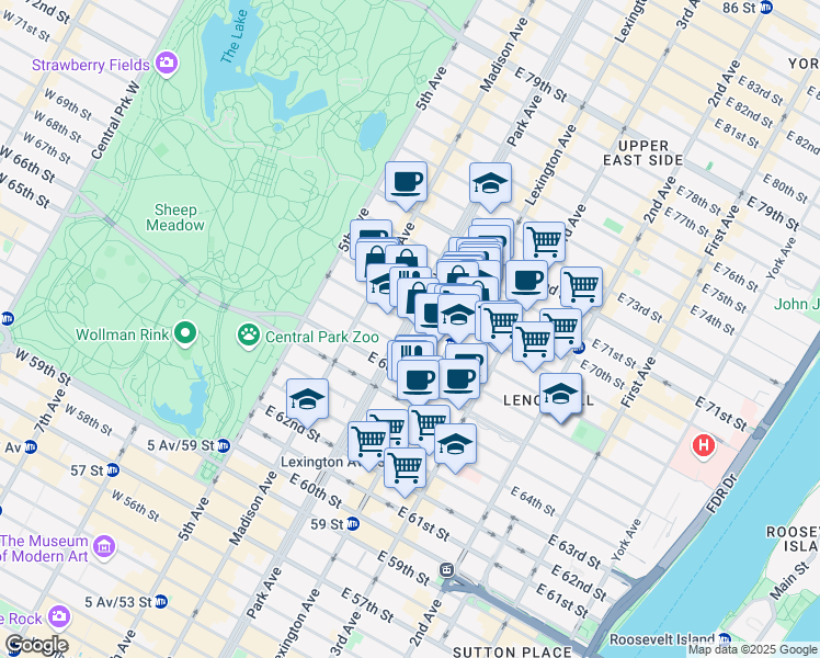 map of restaurants, bars, coffee shops, grocery stores, and more near 661 Park Avenue in New York
