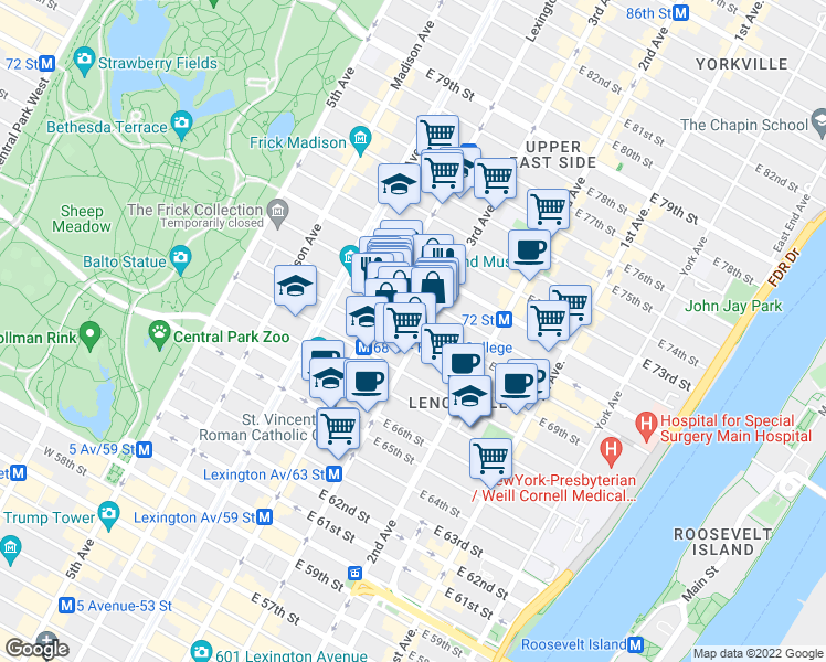 map of restaurants, bars, coffee shops, grocery stores, and more near 201 East 69th Street in New York
