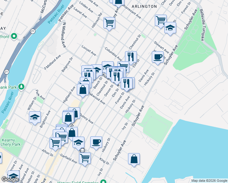 map of restaurants, bars, coffee shops, grocery stores, and more near 441 Elm Street in Kearny