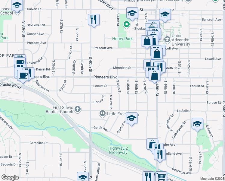 map of restaurants, bars, coffee shops, grocery stores, and more near 4410 South 43rd Street in Lincoln