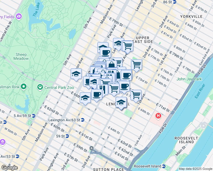 map of restaurants, bars, coffee shops, grocery stores, and more near 188 East 70th Street in New York