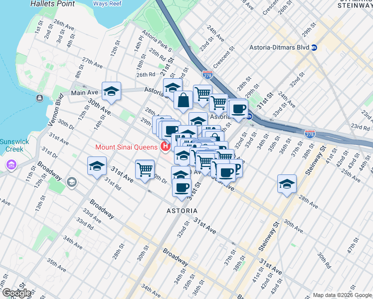 map of restaurants, bars, coffee shops, grocery stores, and more near 41-27 28th Avenue in Queens
