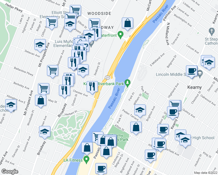 map of restaurants, bars, coffee shops, grocery stores, and more near 92 Riverside Avenue in Newark