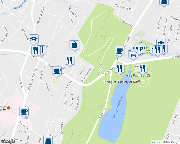 map of restaurants, bars, coffee shops, grocery stores, and more near 22 Woods End Road in West Orange