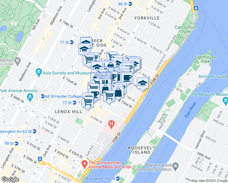 map of restaurants, bars, coffee shops, grocery stores, and more near 486 East 74th Street in New York