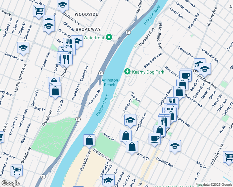 map of restaurants, bars, coffee shops, grocery stores, and more near 479 Passaic Avenue in Kearny