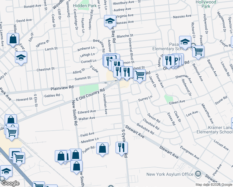 map of restaurants, bars, coffee shops, grocery stores, and more near 4 Arnold Street in Hicksville