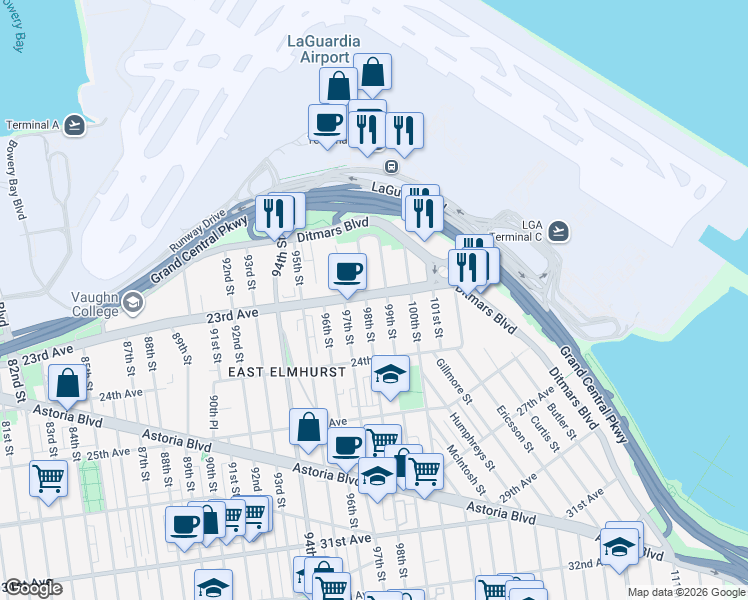 map of restaurants, bars, coffee shops, grocery stores, and more near 9808 23rd Avenue in Queens