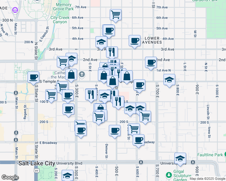 map of restaurants, bars, coffee shops, grocery stores, and more near 34 500 East in Salt Lake City