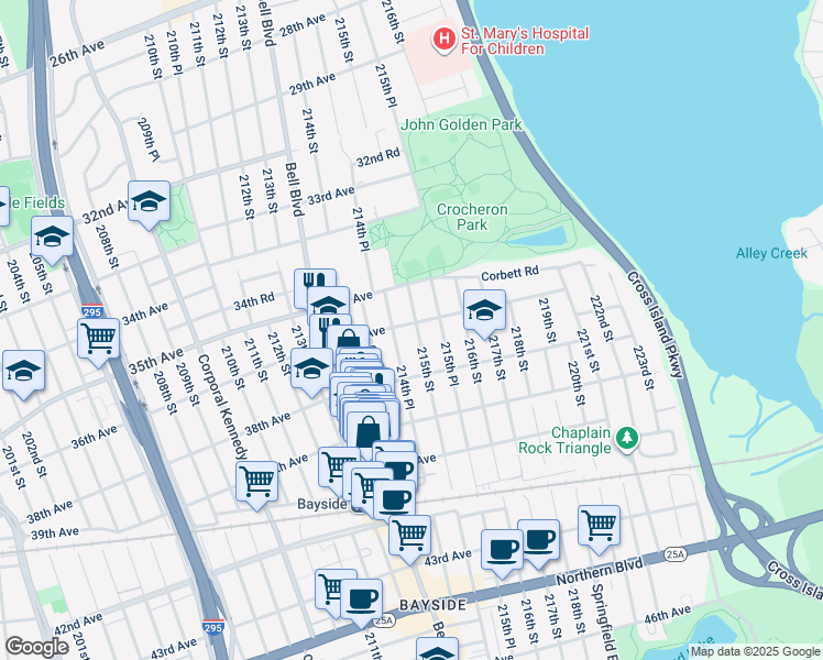 map of restaurants, bars, coffee shops, grocery stores, and more near 36-06 215th Street in Queens